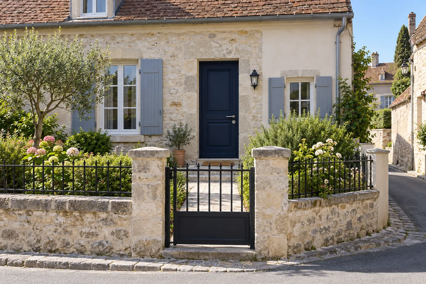 Maison ancienne en pierre avec porte d'entrée bleu marine et portillon noir, rue calme
