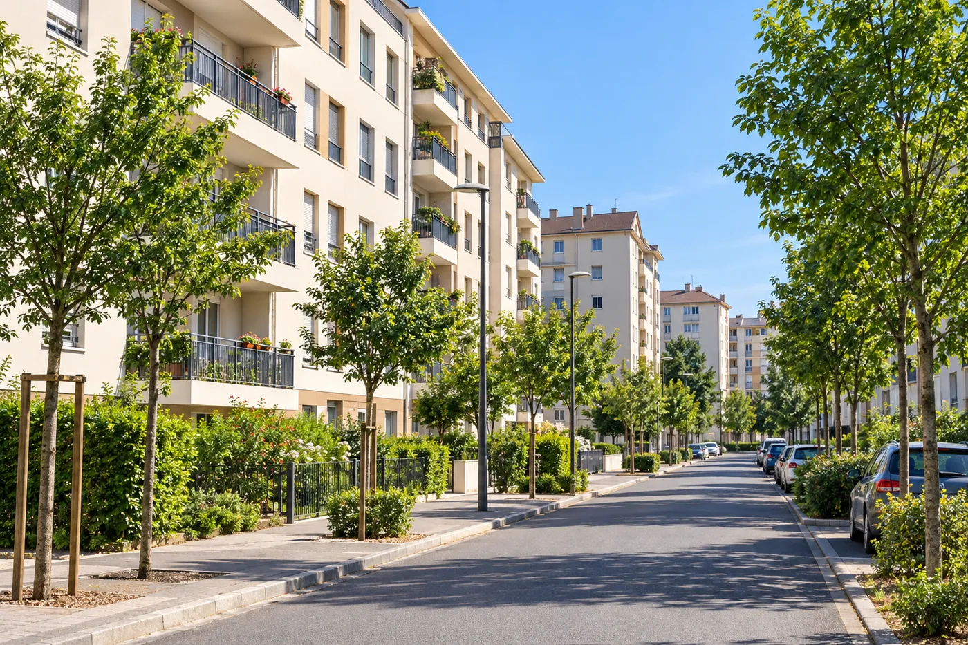 Rue arborée bordée de résidences de quatre à cinq étages dans un quartier de Garges-lès-Gonesse