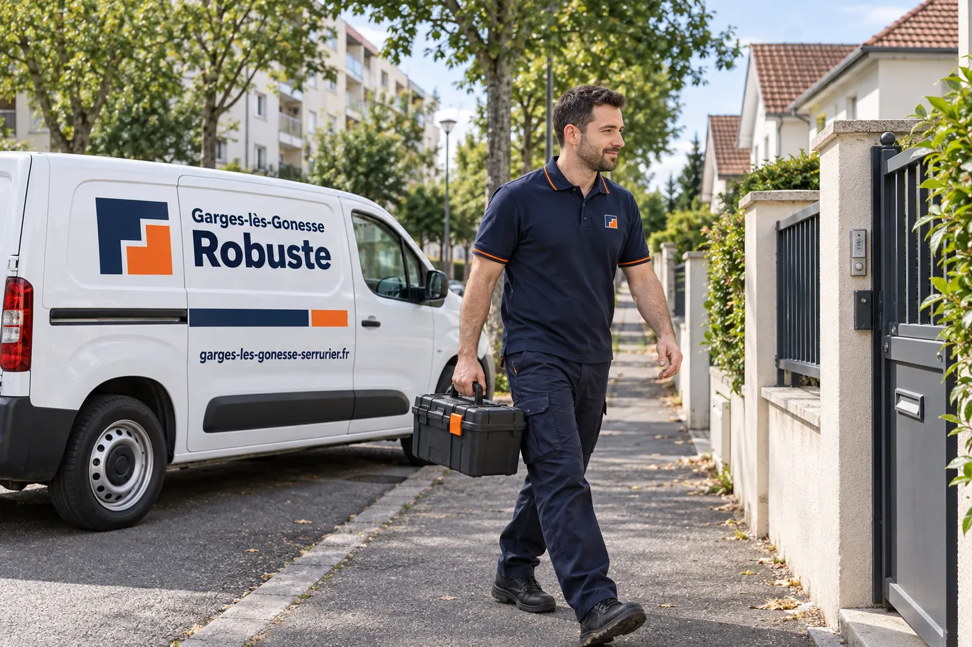 Véhicule Garges-lès-Gonesse Robuste garé dans une rue pavillonnaire, le serrurier en polo marine arrive avec sa caisse à outils